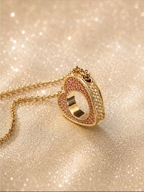 Kurt Geiger Gold Tone Heart Pendant Necklace with Pink Glitter
